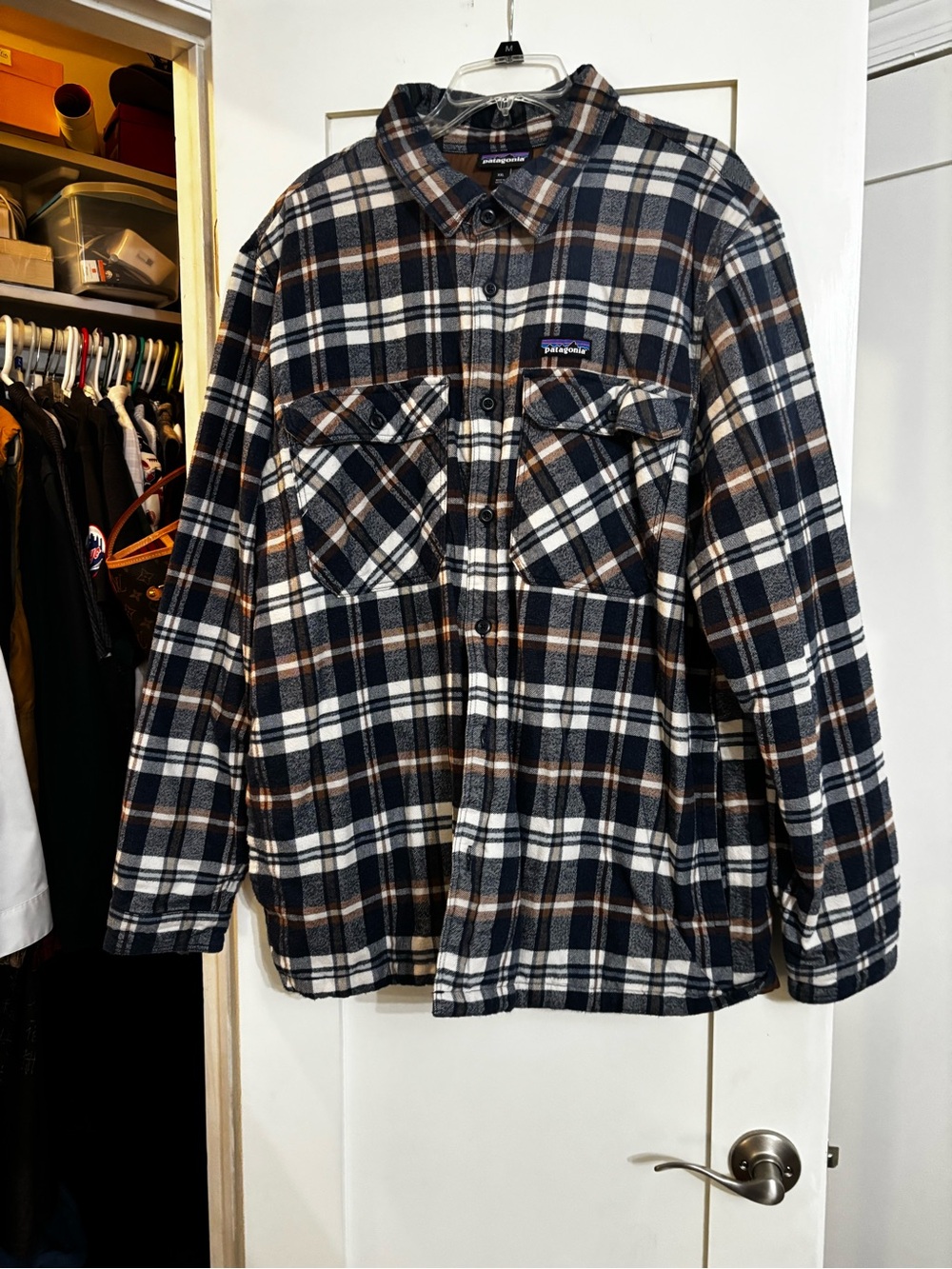 Patagonia Navy, Brown & White Plaid Lightweight Shirt Jacket